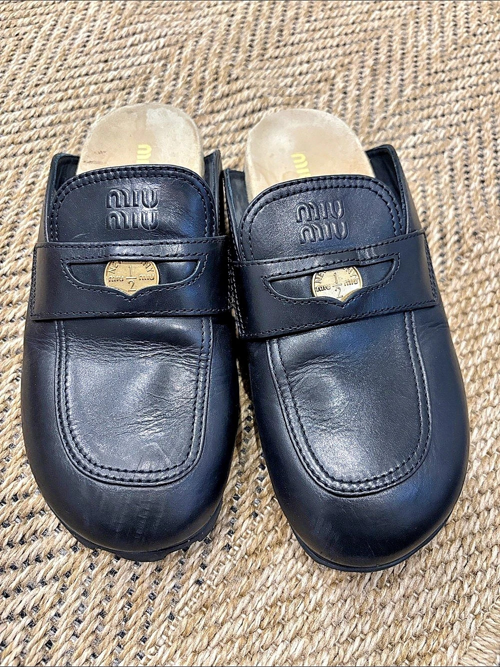 Miu miu Brushed Leather Penny Loafer Mules Black Lug Sole